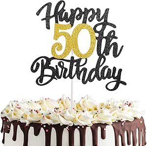 Топпер для торта Ouligay на 50-летие, украшение для торта «Счастливого 50-летия», украшение для торта в черно-золотых тонах на 50-летие, украшение для торта на 50-летие.