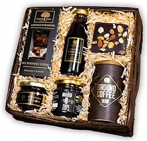 Подарочная корзина, подарочный набор «Марчелло» — с вишневой продукцией от мануфактуры «Вишневое дерево», ароматным молотым кофе в тюбике, медом с добавлением какао и шоколадом с добавками.