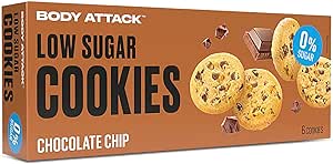 Печенье Body Attack с низким содержанием сахара - с шоколадной крошкой, 130 г, вкусные варианты с минимальным содержанием сахара или без него, протеиновое печенье, с высоким содержанием белка, низкосахарная закуска, без сахара.