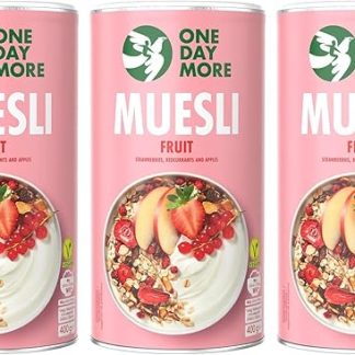 OneDayMore - Набор фруктовых мюсли 3 x 400 г - Клубника, красная смородина и яблоко - Без добавления сахара и пальмового масла - Высокое содержание клетчатки - Веганский продукт