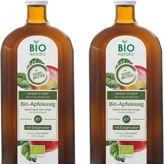 BIONATURO 2x Органический яблочный уксус 6% 500 мл - Уксус из органических яблок - Естественно мутный - Нефильтрованный, богатый питательными веществами - для приготовления пищи, диетического питания и здоровья - Веганский уксус
