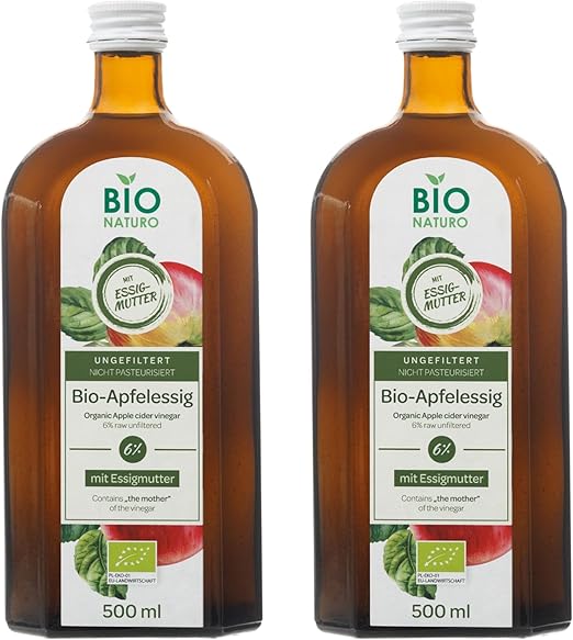BIONATURO 2x Органический яблочный уксус 6% 500 мл - Уксус из органических яблок - Естественно мутный - Нефильтрованный, богатый питательными веществами - для приготовления пищи, диетического питания и здоровья - Веганский уксус
