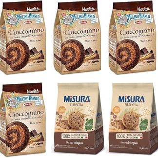 4 цельнозерновых печенья Mulino Bianco Cioccograno с шоколадом (350 г) + 2 цельнозерновых печенья Misura Fibraextra Integrali (330 г)