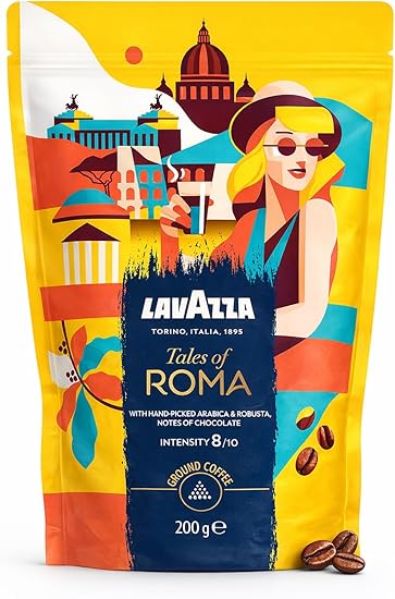 Молотый кофе Lavazza, Tales of Roma, идеально подходит для мока-кофеварок, с ароматическими нотами фундука и темного шоколада, арабика, крепость 8/10, средняя обжарка, 200 г.