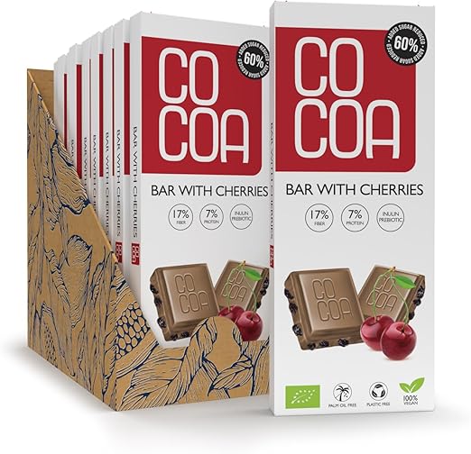 Белый шоколад с какао и вишней, органический, 10 x 40 г (400 г) – на 60% меньше сахара, низкоуглеводный перекус с пребиотиком инулином, шоколад с низким содержанием кокосового сахара, идеально подходит для низкоуглеводной диеты.
