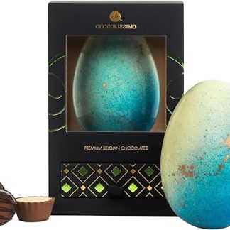 CHOCOLISSIMO - Пасхальный шоколад, пасхальное яйцо ручной работы из белого бельгийского шоколада, украшенное сине-золотым мотивом, и 4 безалкогольных пралине ручной работы.