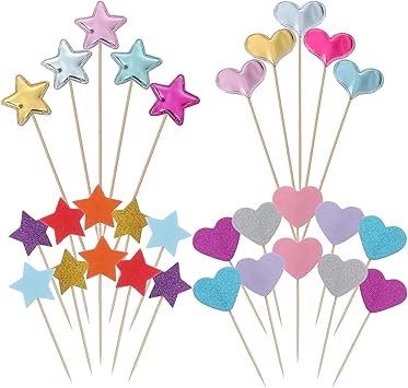30 блестящих шпажек для кексов в форме сердечек, красочные украшения для торта в виде сердечек и звездочек, милые украшения для вечеринки на день рождения, вечеринку в честь рождения ребенка, праздничные принадлежности