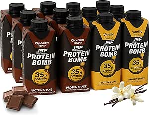 Набор протеиновых коктейлей JSF Fueling Champions 12x, 350 мл – 6 ванильных, 6 шоколадных – без добавления сахара, 35 г белка, протеиновый напиток – без глютена – питьевой напиток, заменитель пищи