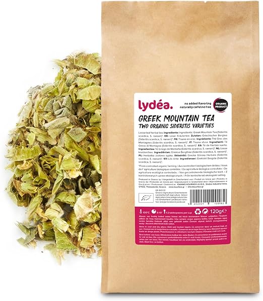 Греческий горный органический чай Lydea, 120 г, традиционный и аутентичный греческий травяной чай из рассыпных листьев, натурально не содержит кофеина, мелко нарезанный.