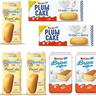Тестовый набор: 3 печенья Mulino Bianco со вкусом сливового пирога, йогурт, бриошь со вкусом сливового пирога + детский сливовый пирог Ferrero с греческим йогуртом + 2 бриоши Kinder.