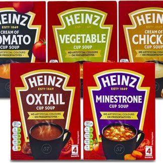 Несколько разных наборов пакетиков супа Heinz Cup, по 5 штук: томатный крем-суп, овощной суп, суп минестроне, суп из бычьих хвостов, по 4 пакетика каждого.