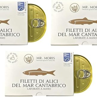 Mr. Moris® Филе анчоусов из Кантабрийского моря в оливковом масле Анчоусы ручной работы из Кантабрийского моря Кошерный продукт Сертифицировано MSC Премиум-класс 3 банки по 120 г