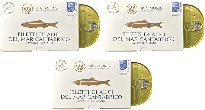 Mr. Moris® Филе анчоусов из Кантабрийского моря в оливковом масле Анчоусы ручной работы из Кантабрийского моря Кошерный продукт Сертифицировано MSC Премиум-класс 3 банки по 120 г