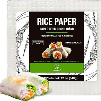 Рисовая бумага Soeos, белые рисовые обертки, 1 упаковка, 34 листа, без ГМО, без глютена, низкоуглеводные, вьетнамские рисовые обертки (квадратные, 22 см)