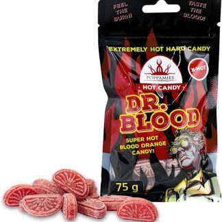 Острые конфеты Poppamies Dr Blood Chili Orange Sweets - Без лактозы, без глютена, веганские - Не для детей и не в качестве шутки на Хэллоуин - Острые: ОЧЕНЬ ОСТРЫЕ - Вес: 75 г