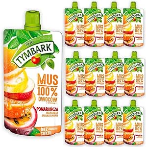 Фруктовый мусс Tymbark 100%, апельсин-маракуйя-яблоко-банан, без добавления сахара, без глютена, с витамином С, 12 x 120 г