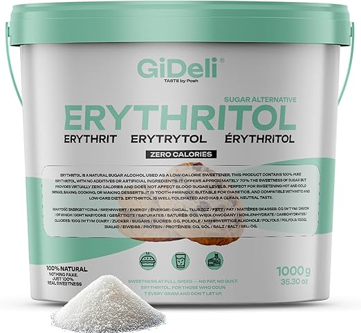 GiDeli Эритритол 1 кг в ведре с кристаллическим сахаром — пищевой заменитель сахара, подходящий для веганов и полезный для зубов.