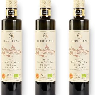 Terre Rosse - Итальянское органическое оливковое масло первого холодного отжима, выращенное в монокультуре Морайоло - Сертификаты DOP Umbria и Kosher/P - Урожай оливок 2024 года - Упаковка из 3 бутылок по 500 мл