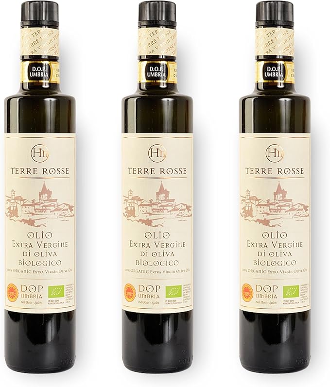 Terre Rosse - Итальянское органическое оливковое масло первого холодного отжима, выращенное в монокультуре Морайоло - Сертификаты DOP Umbria и Kosher/P - Урожай оливок 2024 года - Упаковка из 3 бутылок по 500 мл