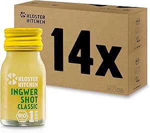 Kloster Kitchen Bio Ginger Shot Classic 1SHOT 14 x 30 мл с кусочками настоящего имбиря. Веганский шот в стеклянной бутылке. На вынос. Сладкий и пряный, без добавок, с натуральной сладостью.