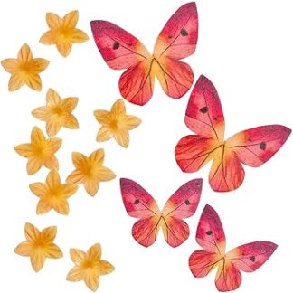 Dekora - Набор съедобных вафельных украшений в блистерной упаковке: желтых мини-цветов и красных бабочек - 39 штук для украшения кексов и тортов по любому случаю.