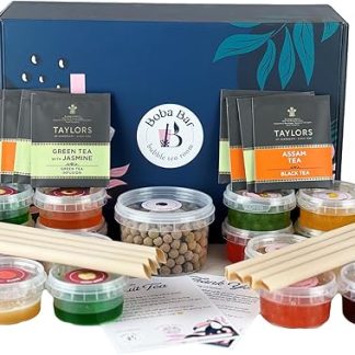Набор для фруктового чая с шариками тапиоки Fruit Fantasy | 8 вкусов фруктового чая, 8 видов чая с шариками тапиоки и 8 видов боба с желе (на 8 человек) | 2 карточки с рецептами от Boba Bar London