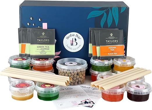 Набор для фруктового чая с шариками тапиоки Fruit Fantasy | 8 вкусов фруктового чая, 8 видов чая с шариками тапиоки и 8 видов боба с желе (на 8 человек) | 2 карточки с рецептами от Boba Bar London