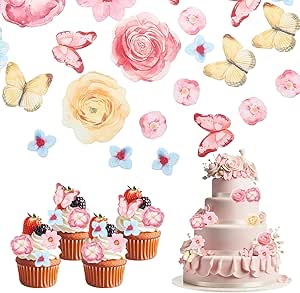 Цветы, бабочки, украшения для тортов, для кексов, гавайские цветы, украшения для тортов, свадебные, для невесты, товары для детского праздника, для девочек, для женского дня рождения, 102 шт.