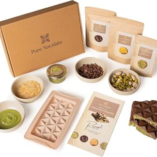 Набор для самостоятельного приготовления шоколада Pure Xocolate DIY Chocolate Kit Dubai - подарочная коробка с бельгийским шоколадом, фисташковым кремом и тонкой вермишелью (кадайиф), силиконовая форма в комплекте, роскошный шоколад для