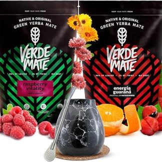Verde Mate Green Energy Guarana, Raspberry Vitality 2 x 500 г - Набор для мате с тыквой и бомбильей, чай мате с гуараной и фруктами, бразильский