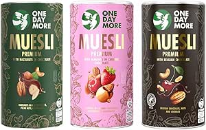 Набор OneDayMore Premium Muesli из 3 мюсли: бельгийский шоколад, фрукты с миндалем в шоколаде, ореховая клетчатка, белок, фундук, гранола с пеканом, вишня, корица, малина, овсянка.