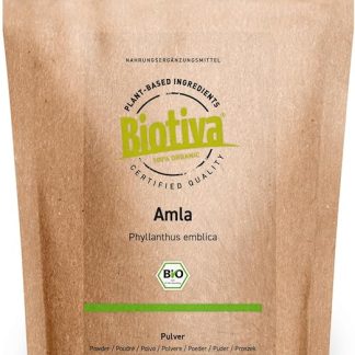 Amla proszek Bio 100 g – Phyllanthus emblica – indyjski agrest – bez środków antyadhezyjnych – bez wypełniaczy – napełniony i kontrolowany w Niemczech Biotiva