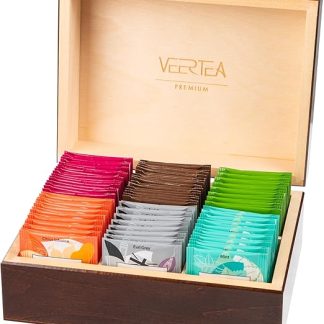 Чайный подарочный набор Veertea в деревянной коробке - 6 сортов, 96 чайных пакетиков - тщательно отобранные сорта, подарок для любителей чая - коробка 26x17x11 см, коричневая