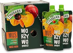 Фруктово-овощной мусс Tymbark: манго-банан-ананас-тыква-морковь-яблоко, без добавления сахара, с витамином С, 100 г x 12 шт.