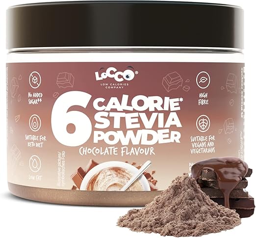 Порошок со вкусом Locco 200 г Добавленный сахар Стевия Натуральные ароматизаторы Без жира Всего 6 калорий и 0 г жира на порцию Высокое содержание клетчатки (шоколад)