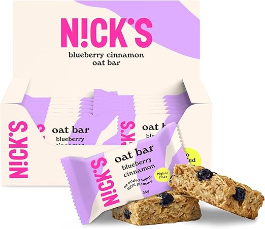 Овсяные батончики NICKS без добавления сахара, энергетический батончик с черникой и корицей, полезный для поддержания энергии, с высоким содержанием клетчатки (12 x 35 г).