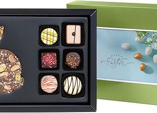 CHOCOLISSIMO - Пасхальный шоколад, бельгийский молочный шоколадный зайчик с фисташками и какао-хлопьями + 6 изысканных пралине, идея пасхального подарка, подарок для женщин, для мужчин