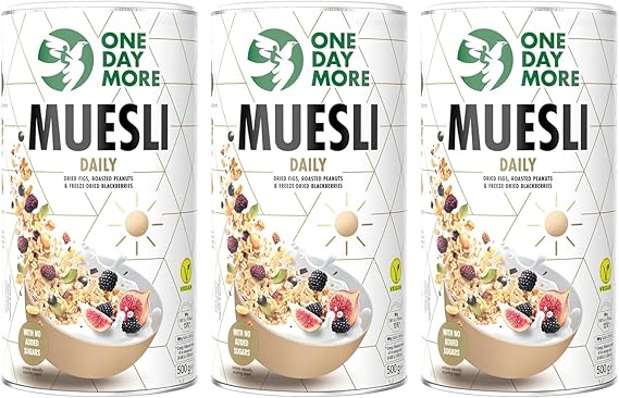 Мюсли OneDayMore на каждый день | 1500 г мюсли на каждый день | Овсяные хлопья для полезного завтрака | Здоровые мюсли с финиками, ежевикой и инжиром | Перекус с большим количеством фруктов из 100% натуральных ингредиентов |