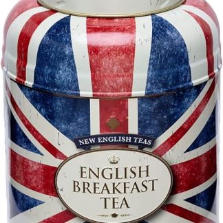 Новая круглая чайная банка с изображением британского флага от New English Teas, содержащая 80 сортов чая для английского завтрака.