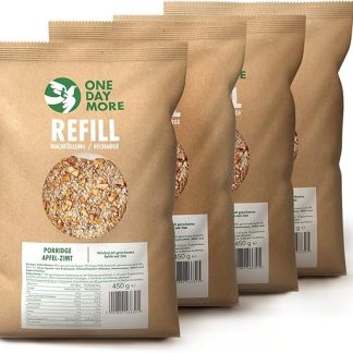 Овсяная каша OneDayMore с яблоком и корицей – без добавления сахара Упаковка из 4 банок по 450 г 78% овсяных хлопьев, сушеные инжир и яблоки, 1% корицы