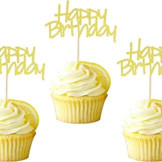 24 шт. топперов для кексов «С днем ​​рождения», предварительно собранные, с золотыми блестками, в виде кубиков фруктов, для украшения вечеринки по случаю дня рождения.