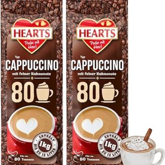 Капучино от HEART с нежным какао-оттенком, 2 упаковки (2 x 1 кг), интенсивный аромат, молочный и сливочный, растворимый кофе в порошке, достаточно для 160 чашек.