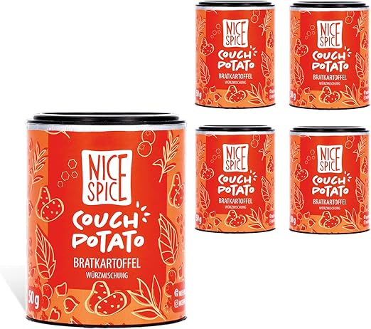 Приправа для картофеля NICE SPICE Sofa Potato, 5 банок (5 x 50 г), идеально подходит для пататас бравас и жареного картофеля, 10 отборных ингредиентов, включая розмарин и морскую соль, настоящее наслаждение для любителей этого блюда.