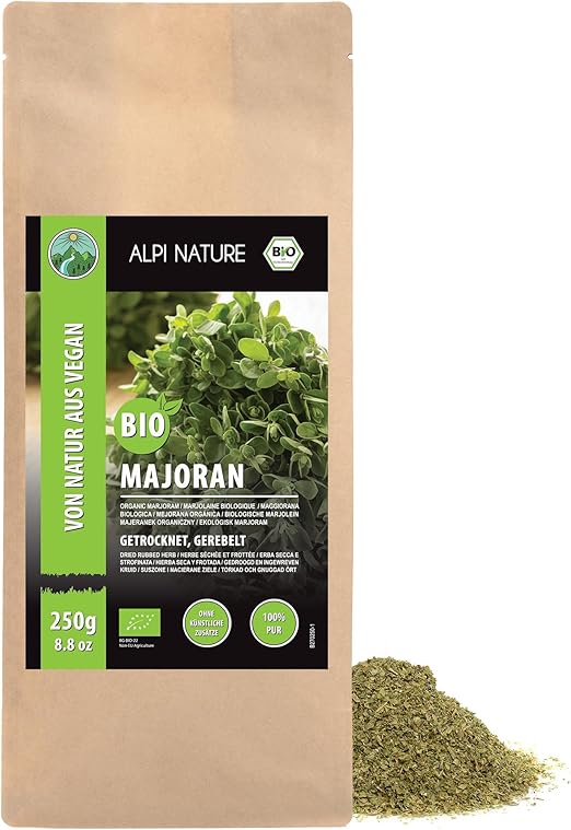 Alpi Nature Bio Majoran Reblelt (250 г) сушеный майоран из органического земледелия, выращенный в контролируемых условиях, без глютена, без лактозы, протестирован в лаборатории, подходит для веганов, 100% натуральный.