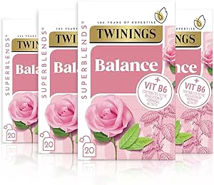 Чай Twinings Superblends Balance — мелисса, вербена лимонная, лепестки розы и мята с витамином B6, для баланса гормонального фона у женщин, 80 биоразлагаемых чайных пакетиков.