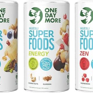 Набор мюсли OneDayMore Superfoods, 3 x 480 г: Активный, Энергичный и Спокойный - без добавления сахара, с орехами и сублимированными фруктами, овсяными хлопьями, клетчаткой, белком, бананом и гранолой.
