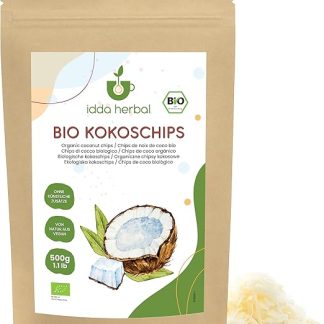 Кокосовые чипсы IDDA Herbal Organic, 500 г, несладкие, из сырого кокоса, готовые к употреблению.