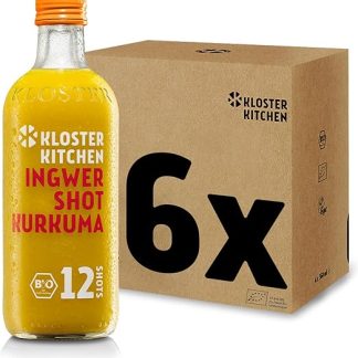 Kloster Kitchen Органический имбирный шот с куркумой, 12 шотов (6 x 360 мл), с кусочками настоящего имбиря, имбирные шоты с куркумой в стеклянной бутылке, веганский продукт, без добавок и с натуральной сладостью (включая залог).