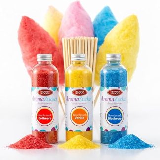 Набор сахарной ваты Hopser Food Fun Cotton Candy Sugar, 3 упаковки по 230 грамм, включает 50 палочек для сахарной ваты (набор 1: клубничная, ванильная, жевательная резинка + 50 палочек).
