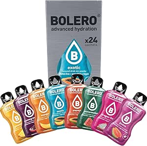 Bolero EXOTIC MIX 24 x 3 г Порошок для приготовления напитка без сахара, подслащенный стевией и витамином С подходит для детей, спортсменов и диабетиков без глютена и подходит для веганов